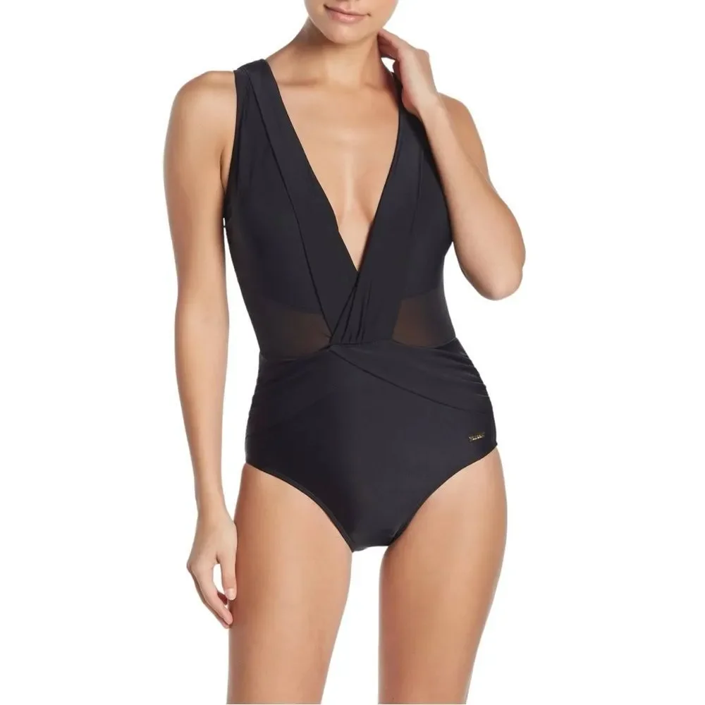 Nicole Miller Plunge Neckline Mesh Illusion Black One Piece Swimsuit Size 12